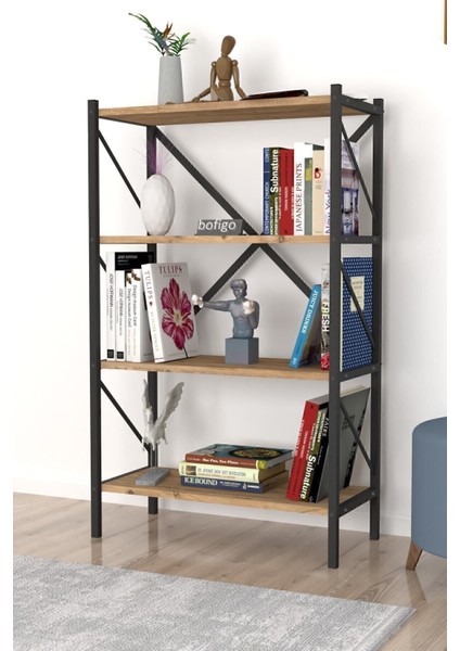 Dekoratif 4 Raflı Kitaplık Metal Kitaplık Çam.