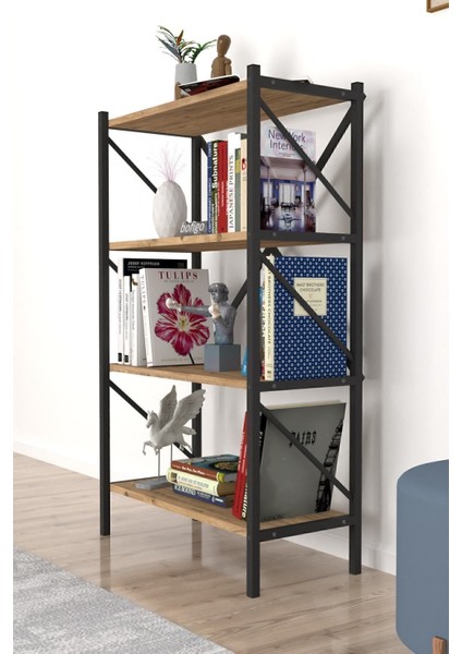 Dekoratif 4 Raflı Kitaplık Metal Kitaplık Çam.