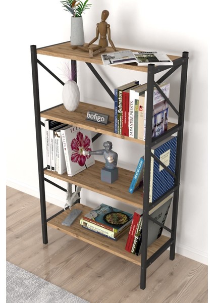 Dekoratif 4 Raflı Kitaplık Metal Kitaplık Çam.