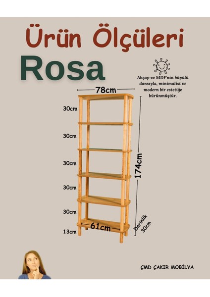 Rosa Kitaplık: Minimalist Mdf ve Ahşap Tasarım 174 cm x 80 cm