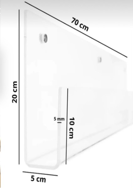 Tekli Duvar Kitaplık Rafı Genişlik 70 cm x 20 cm Iç Derinlik 5 cm (4 mm Şeffaf Pleksiden Üretilir )