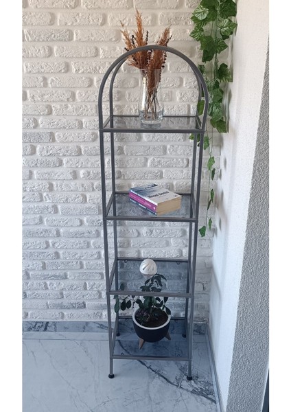 Estee 40 cm Metalik Gri Kitaplık Dekoratif Aksesuar Rafı Mutfak Rafı Füme Cam