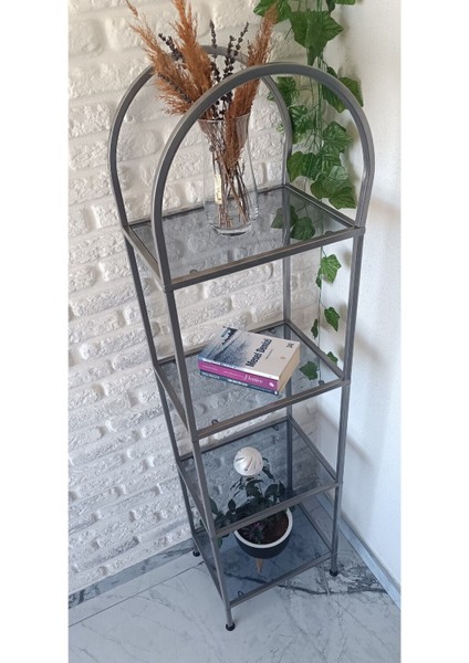 Estee 40 cm Metalik Gri Kitaplık Dekoratif Aksesuar Rafı Mutfak Rafı Füme Cam fırsatları