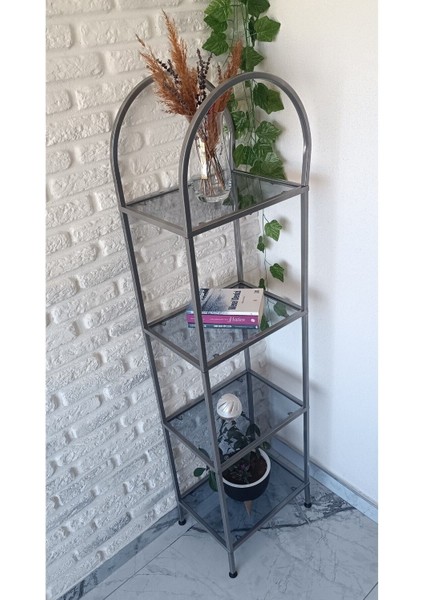 Estee 40 cm Metalik Gri Kitaplık Dekoratif Aksesuar Rafı Mutfak Rafı Füme Cam indirimleri