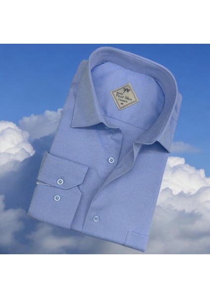 Pamuklu Klasik Uzun Kollu Mavi Cepli Erkek Gömlek (Regular Kalıp)