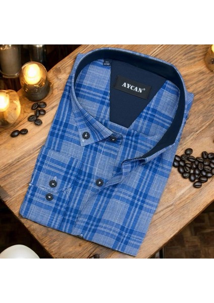 Pamuklu Uzun Kollu Mavi Erkek Gömlek (Regular Kalıp)