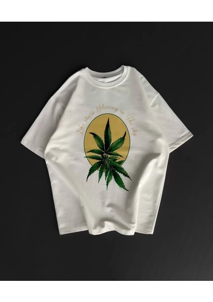 Ön ve Arka Baskılı Oversize Bisiklet Yaka T-Shirt- Beyaz