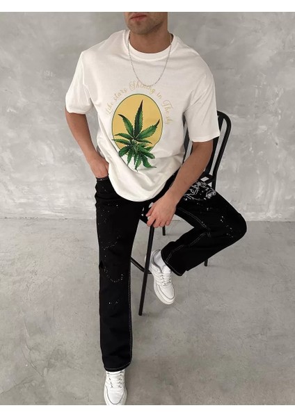 Ön ve Arka Baskılı Oversize Bisiklet Yaka T-Shirt- Beyaz modelleri