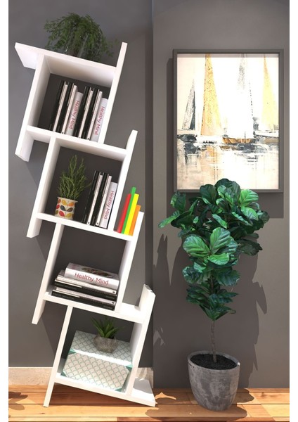 Yıldız Dekoratif Modern Kitaplık Duvar Rafı Beyaz