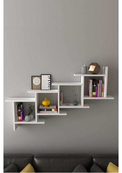 Yıldız Dekoratif Modern Kitaplık Duvar Rafı Beyaz