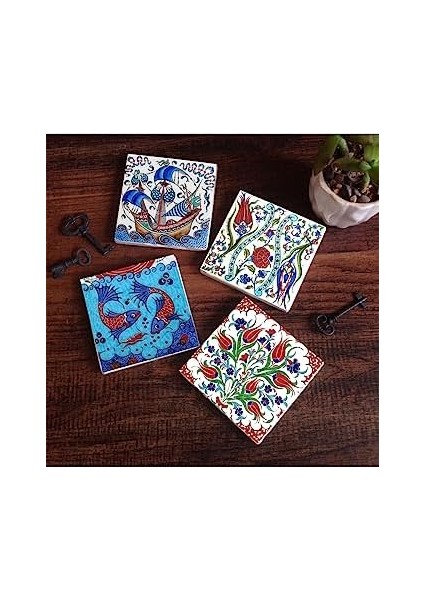 Metrashop Çini Sanatı Lale, Balık, Yelkenli Gemi Taş Bardak Altlığı Seti - 4 Parça - Dekoratif, Rustik Mutfak Aksesuarı, 10X10 Cm, Kaydırmaz Tabanlı, Şık ve Dayanıklı SC221