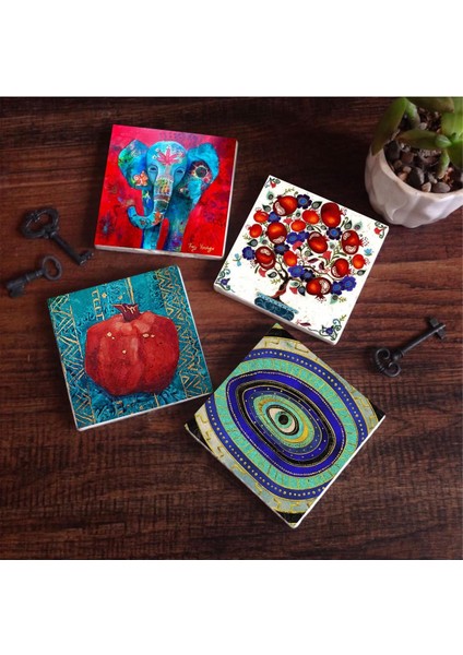 Metrashop Fil, Nazar, Nar Ağacı, Nar Taş Bardak Altlığı Seti - 4 Parça - Dekoratif, Rustik Mutfak Aksesuarı, 10X10 Cm, Kaydırmaz Tabanlı, Şık ve Dayanıklı SC151