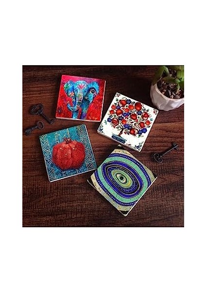 Metrashop Fil, Nazar, Nar Ağacı, Nar Taş Bardak Altlığı Seti - 4 Parça - Dekoratif, Rustik Mutfak Aksesuarı, 10X10 Cm, Kaydırmaz Tabanlı, Şık ve Dayanıklı SC151