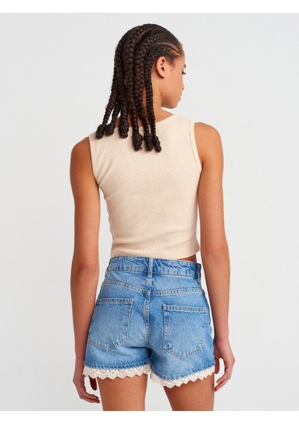 71801 Paçası Dantel Detaylı Denim Şort-Mavi