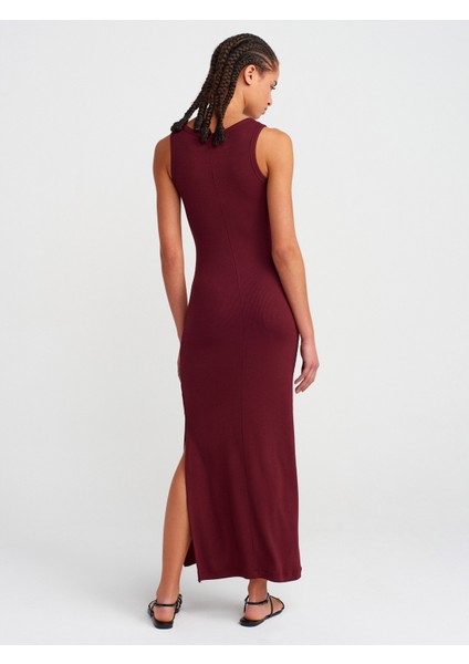 91381 Yırtmaç Detaylı Midi Boy Elbise-Bordo