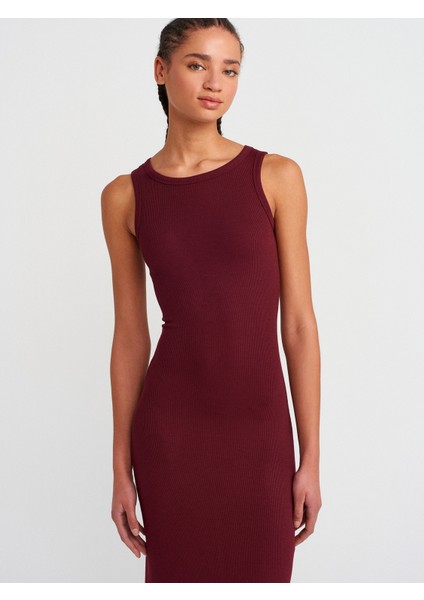 91381 Yırtmaç Detaylı Midi Boy Elbise-Bordo