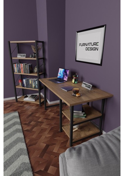 Dekoratif Metal Kitaplık 5 Raflı + 60 x 120 cm Çalışma Masası Atlantik Çam fiyatları