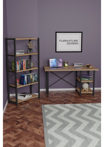 Dekoratif Metal Kitaplık 5 Raflı + 60 x 120 cm Çalışma Masası Atlantik Çam modelleri