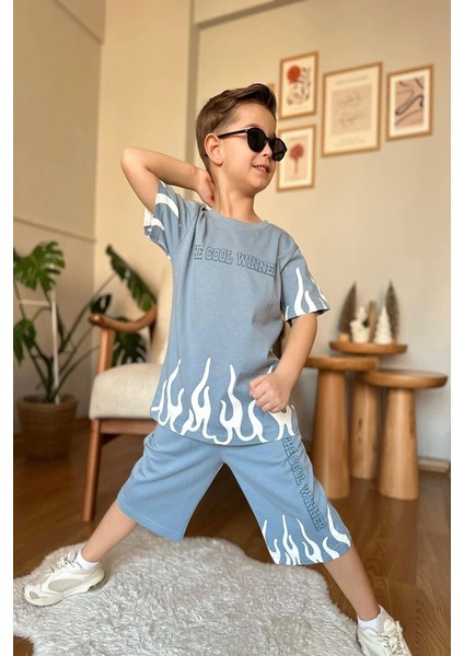 Yeni Sezon Ateş Desenli Mavi Renk Erkek Çocuk Takım