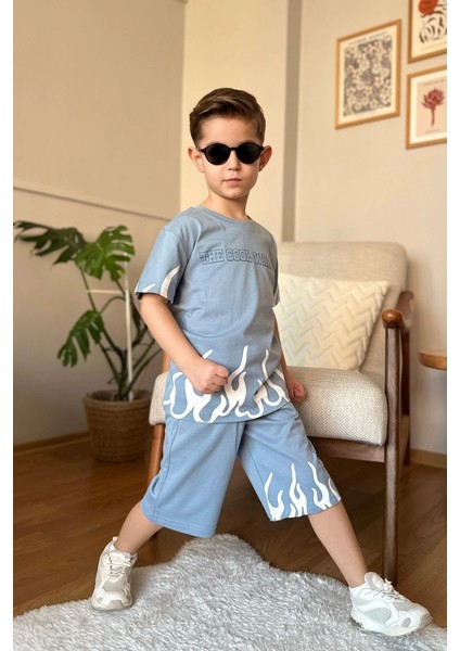 Yeni Sezon Ateş Desenli Mavi Renk Erkek Çocuk Takım
