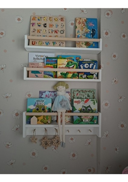 60 cm 3 Lü Set Raf Askılık Beyaz Natürel Kitaplık Montessori