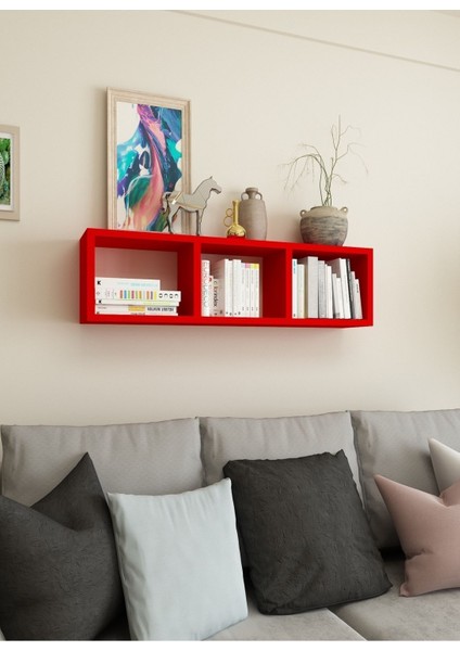 Kitaplık Hediye Duvar Rafı Mobilya 90 cm Kırmızı