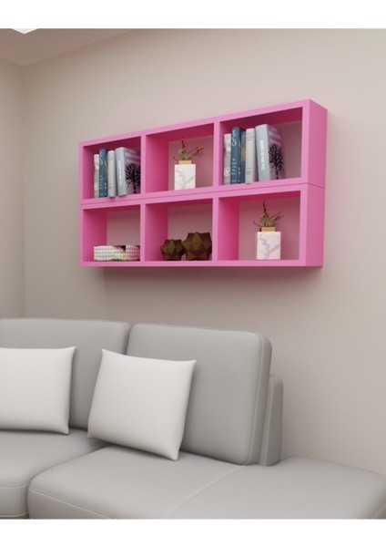 Kitaplık Yan Pembe Renk Duvar Rafı Ikili Takım