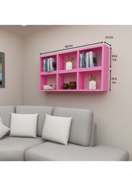 Kitaplık Yan Pembe Renk Duvar Rafı Ikili Takım