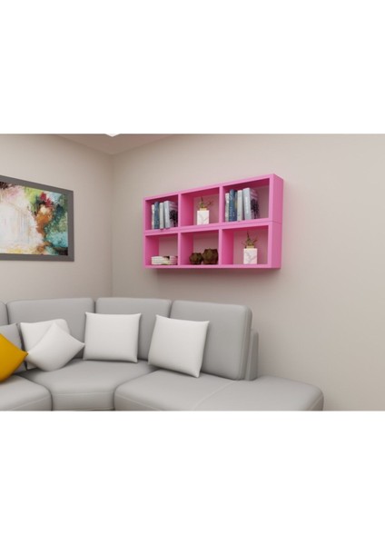 Kitaplık Yan Pembe Renk Duvar Rafı Ikili Takım