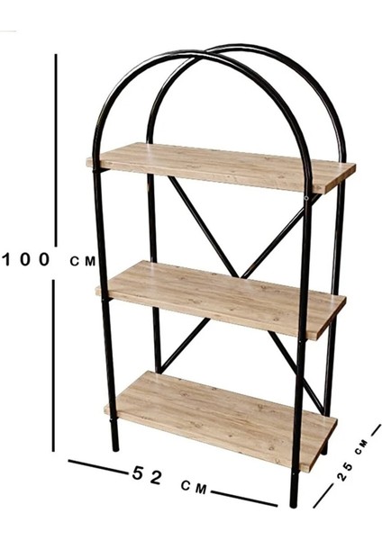 3 Ahşap Raflı Çok Amaçlı Dekoratif Siyah Metal Kitaplık Mutfak Dolabı Atlantik Çam 100 x 52 x 25 fiyatları