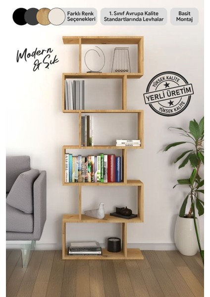 6 Raflı Kitaplık, Dekoratif Raf Zigzag Kitaplık, Labirent Dekor, Rivoli