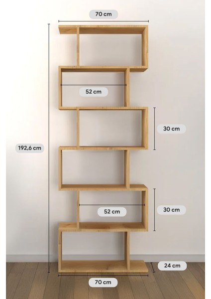 6 Raflı Kitaplık, Dekoratif Raf Zigzag Kitaplık, Labirent Dekor, Rivoli