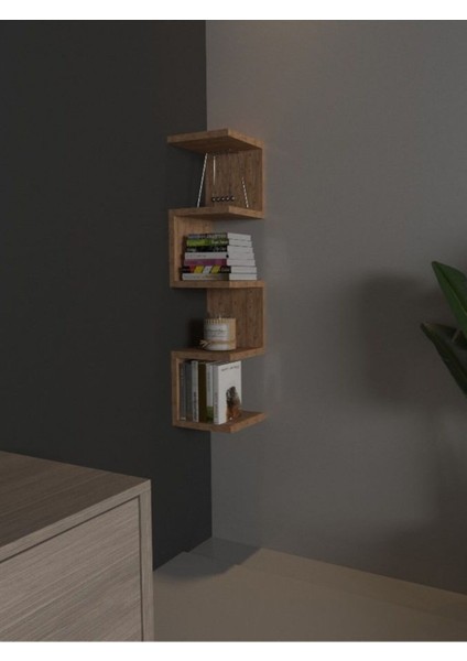 Köşe Düzenleyici Modern Kitaplık Raf Şık Zigzag 5 Katlı Çam Rengi