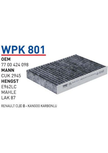 Wpk801 Oem 7700424098 Renault Clio II Kangoo Otomobil polen filtre pollen filter