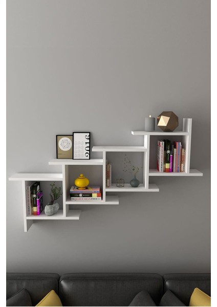 Yıldız Dekoratif Modern Duvar Rafı Kitaplık Beyaz