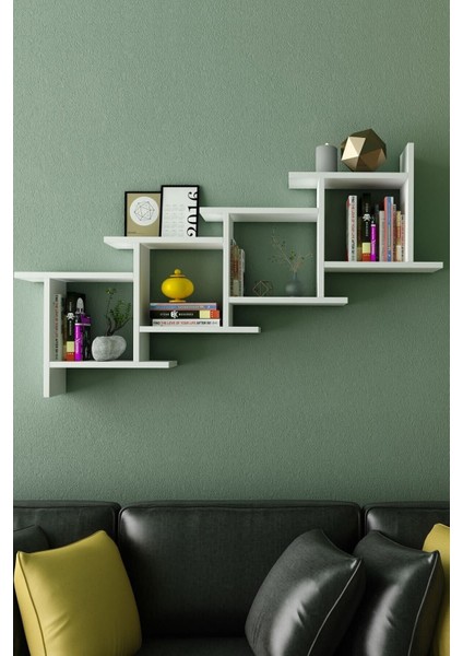 Yıldız Dekoratif Modern Duvar Rafı Kitaplık Beyaz