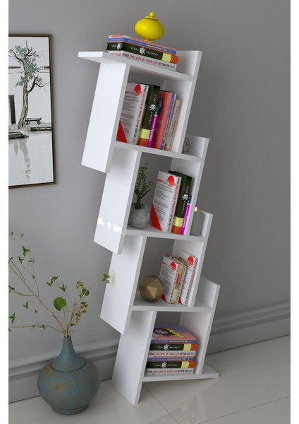 Yıldız Dekoratif Modern Duvar Rafı Kitaplık Beyaz