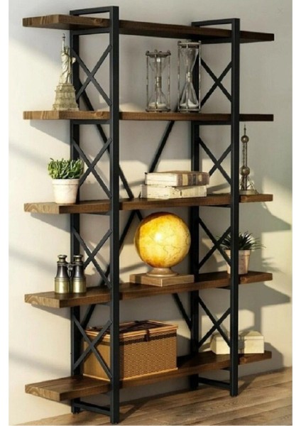 Doğal Ahşap 5 Katlı Kitaplık Metal Kitaplık