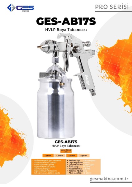 Pro AB17S (1.7mm) Alttan Depolu Hvlp Profesyonel Boya Tabancası