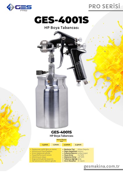 Pro 4001S (2.5 mm) Alttan Depolu Hvlp Profesyonel Boya Tabancası