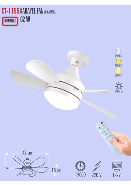 CT-1155 Karayel Fan LED 82W Kumandalı Işıklı Vantilatör E27 Duy Dimlenebilir (Parla)