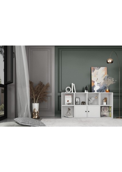 2 Kapakli Rafli Kitaplik 130 cm Beyaz KTP-1084-Ç