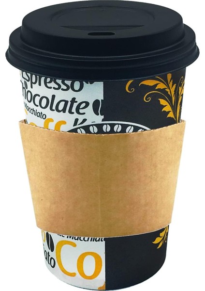 Tedarik 12 Oz Siyah Kapaklı Tutamaçlı Karton Bardak Latte Kahve Kağıt Bardak Sleeve 300 ml - 100'LÜ (Siyah Kapaklı Tutamaçlı)