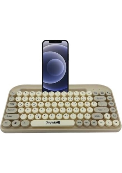 Bluetooth Klavye Renkli Retro Kablosuz Klavye Daktilo Görünümlü Tuş Tasarımı Şık ve Kullanışlı Telefon Koyma Gözü Pilli Türkçe Q Klavye Sw-05 (Krem)