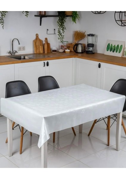 Tekstil Kolay Silinebilir Leke Tutmaz Astarlı Pvc Muşamba Masa Örtüsü Çiçekli Beyaz 140 x 140 BYZT258