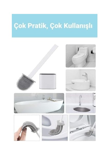 Silikon Banyo Tuvalet Klozet Temizleme Fırçası Ayaklı ve Yapışkanlı Tutucu Set Beyaz S- 574
