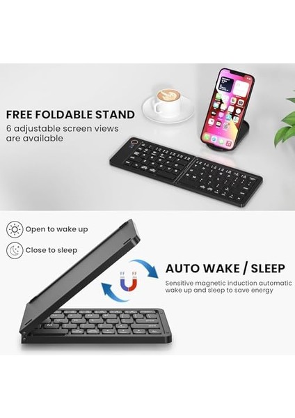 Mini Katlanabilir Bluetooth Klavye Taşınabilir ve Telefon Standı iPhone ile Uyumlu iPad ile Uyumlu Mac ile Uyumlu Android Windows ile Uyumlu Ultra Ince Alüminyum Seyahat Katlanır Siyah Z671
