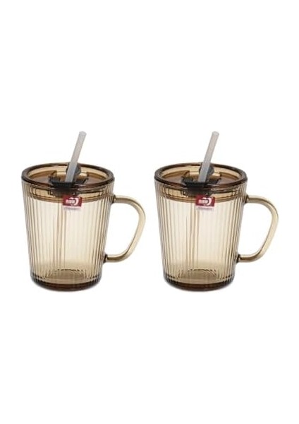 Adet Kapaklı Pipetli Cam Kupa Bardak Çay Kahve Meşrubat Tatlı Bardağı Kahverengi 370 ml