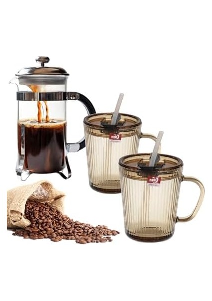 Adet Kapaklı Pipetli Cam Kupa Bardak Çay Kahve Meşrubat Tatlı Bardağı Kahverengi 370 ml