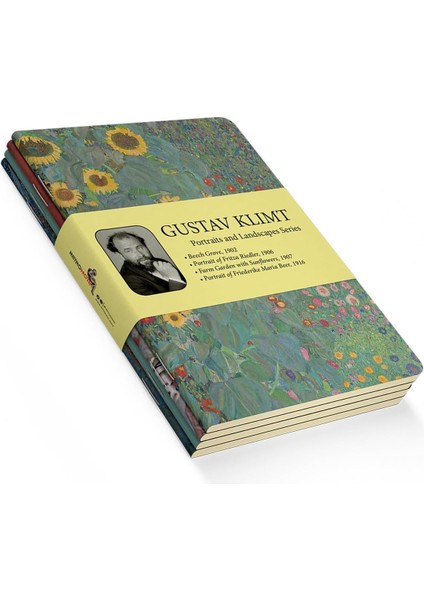 Portraits And Landscapes Series - A5, Gustav Klimt 4'lü Defter Seti Iı, Çizgisiz, Toplam 256 Sayfa, Her Biri 64 Sayfa, Tel Dikiş, Esnek Kapak, Oval Kenar, Tuval Doku, 60 gram, Sarı Krem Renk